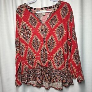 Style & Co Woman Blouse Top Plus 2X Boho Mixed Print Roll Tab Sleeves Red Hippie